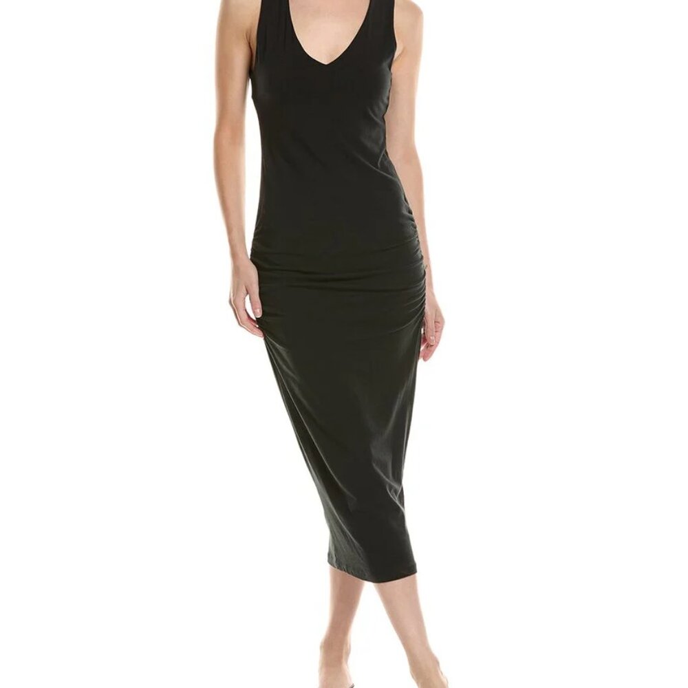 James Perse Ruched Gathered Black V-Neckline Sleeveless Midi Tank Dress 2 M NWT